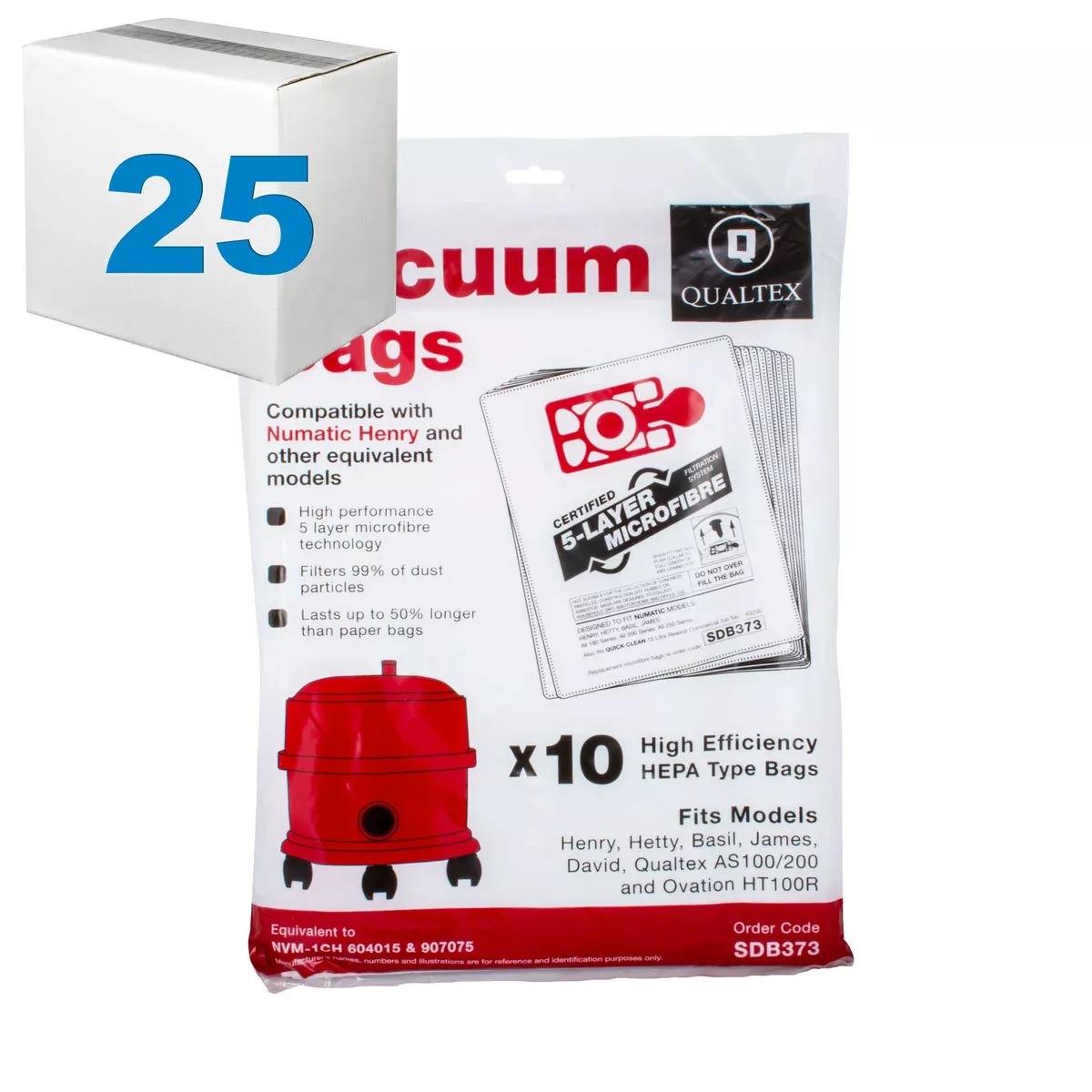 XQC1002CS-25 Qualtex HEPA Microfibre Bag Case of 25 Packs of 10 for Canister Vacuum Models AS100G, AS100R, AS200, AS200B, Quick-Clean DCC200BV, & Ovation HT100R
